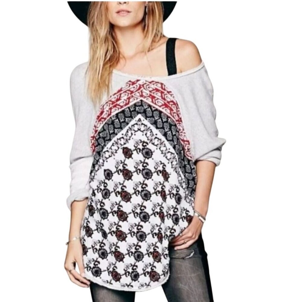 Free People Del Rey Bandana Mixed Media Oversized Scoop Neck Sweatshirt Size M